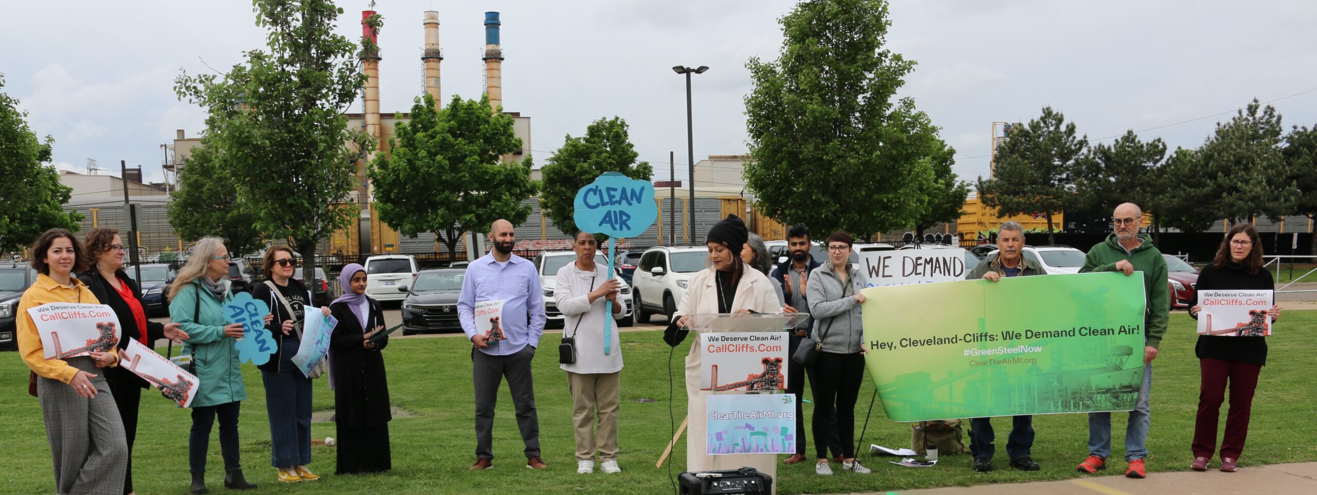 CTA _SamraLuqman_crop Samra Luqman at press conference demanding Cleveland Cliffs Steel go green